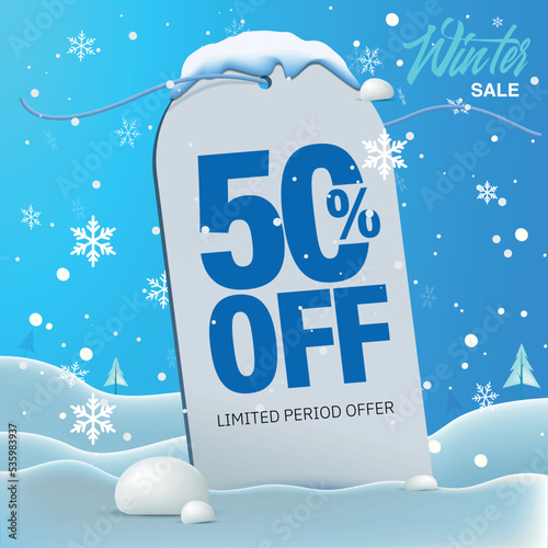 Winter sale offer discount concept. price tag in snow - vector illustration