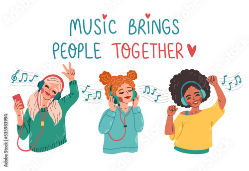 Set of girls wearing earphones and headphones, listening to music and dancing. Flat cartoon vector illustration.