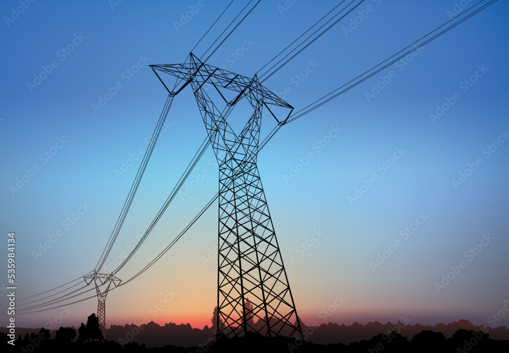 High Voltage Pylon with Electric Wires with Landscape Silhouette and Sunrise in the Background - Colored Illustration, Vector