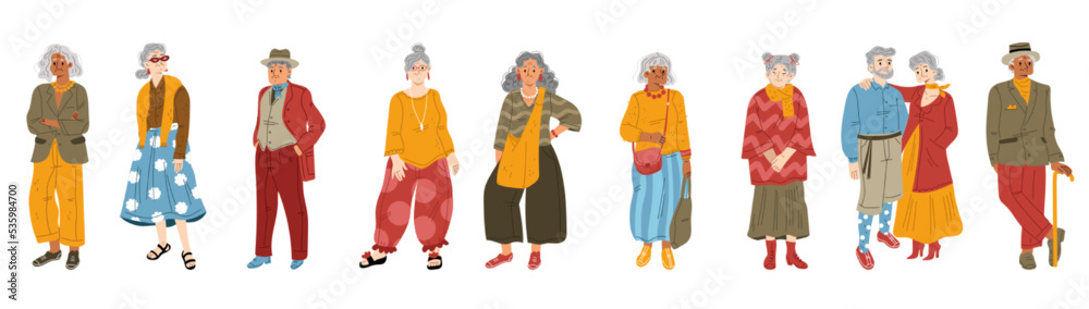 Modern old people, senior adult women and men in fashion clothes. Happy grandmothers and grandfathers in trendy casual apparel isolated on white background, vector flat illustration Modern old people, senior adult women and men in fashion clothes. Happy grandmothers and grandfathers in trendy casual apparel isolated on white background, vector flat illustration
