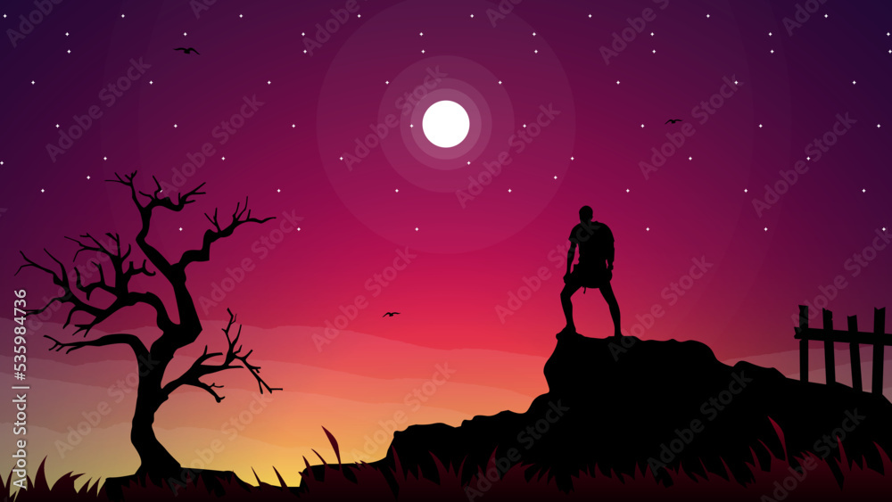silhouette of a person in the mountains, Travelers climb with backpack, person with backpack for hiking, sunset background, mountain climber background