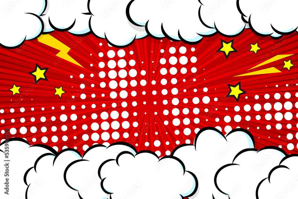 Comic cloud frame with lightning and stars on halftone rays background. Design template vector art illustration.