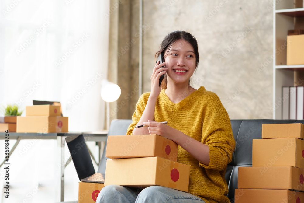 Young Asian female business owner online prepare parcel boxes for customers to call and talk to customers to confirm receipt of goods. Check balance and delivery address and phone number. Young Asian female business owner online prepare parcel boxes for customers to call and talk to customers to confirm receipt of goods. Check balance and delivery address and phone number.