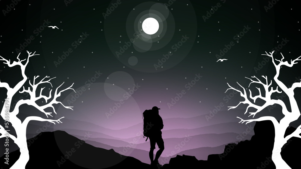 Fototapeta premium Travelers climb with backpack, silhouette of a person in the mountains, person with backpack for hiking silhouette vector, mountain climber background