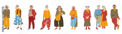 Modern old people, senior adult women and men in fashion clothes. Happy grandmothers and grandfathers in trendy casual apparel isolated on white background, vector flat illustration