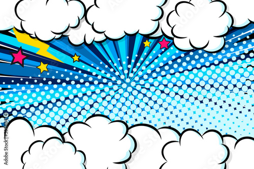 Comic cloud frame with lightning and stars on halftone rays background. Design template vector art illustration.