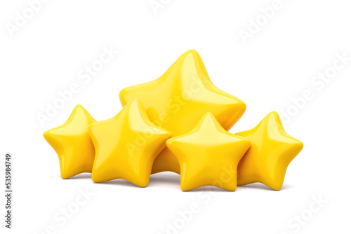 Yellow five star icon rating review quality best ranking isolated on white evaluation 3d background with user experience success rate or positive customer satisfaction concept and feedback service.