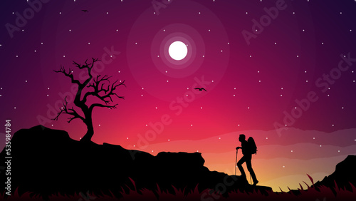 sunset background, silhouette of a person in the mountains, Travelers climb with backpack and travel walking sticks, person with backpack for hiking, mountain climber background