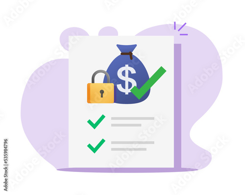 Money secure financial protection lock vector icon, privacy private bank investment policy, crash income safety guarantee, deposit locker access graphic checklist document image