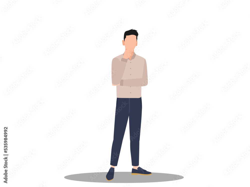 Thinking person standing in front some boxes and a text box over his head. Person standing and thinking with text box and cardboard cartoons and paper cartoons. Person standing with his hand in mouth. Thinking person standing in front some boxes and a text box over his head. Person standing and thinking with text box and cardboard cartoons and paper cartoons. Person standing with his hand in mouth.