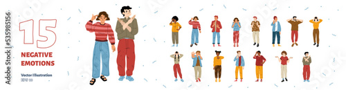 Negative emotions body language. People show gestures of stop, disagree, rejection, anxiety. Diverse characters with thumb down, cross hands and hands on head, vector flat illustration