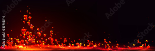 Flying red drops above hot liquid magma surface. Banner template with abstract background of seething molten lava splash and copy space, vector realistic illustration