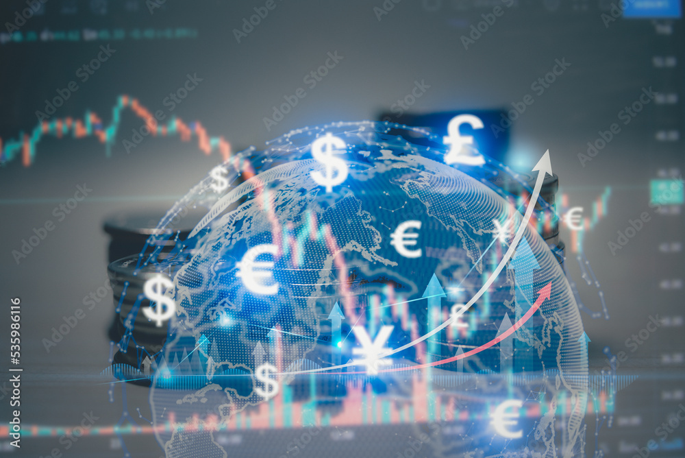 Global rate currency exchange inflation finance trade price, financial transfer technology, online business savings. - obrazy, fototapety, plakaty 