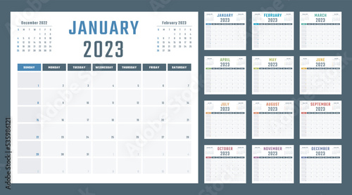 calendar for 2023 starts sunday, vector calendar design 2023 year