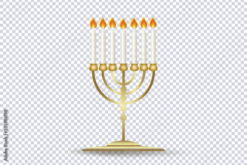 Golden Menorah icon. Traditional seven-branched Jewish candlestick. Hanukkah menorah with burning candles. Hanukkah candlestick with candles isolated object on transparent. Vector illustration