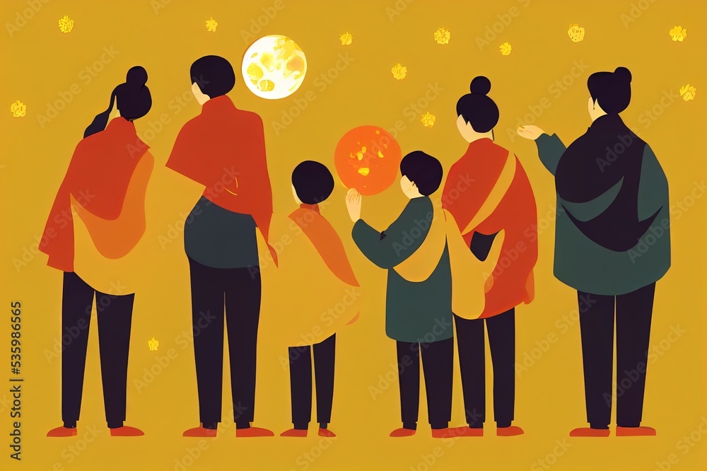 Mid autumn festival design Flat illustration of Chinese family having ...