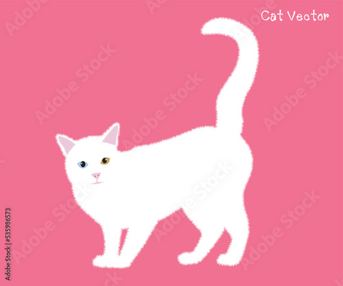 A full-body illustration of the cute white cat character. Cute cats collection in vector style on pink background.