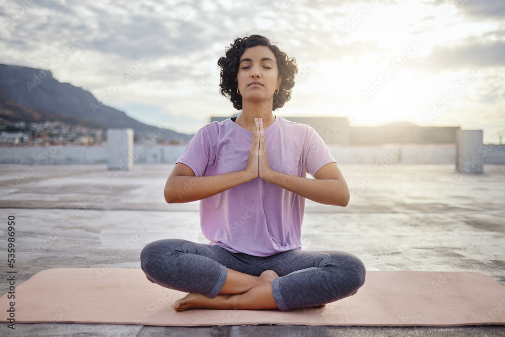 Fototapeta premium Woman meditation, yoga outdoor and pray namaste for peace, zen and mindset of training, workout and exercise. Calm, relax and focus fitness female for breathe healthy energy, balance and wellness