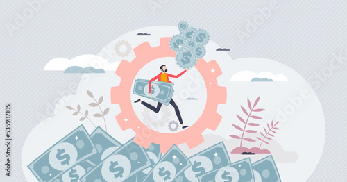 Affluenza illness as pursuit of more money and success tiny person concept. Neverending chase for financial gains and materialistic values vector illustration. Consumerism lifestyle mental problem.
