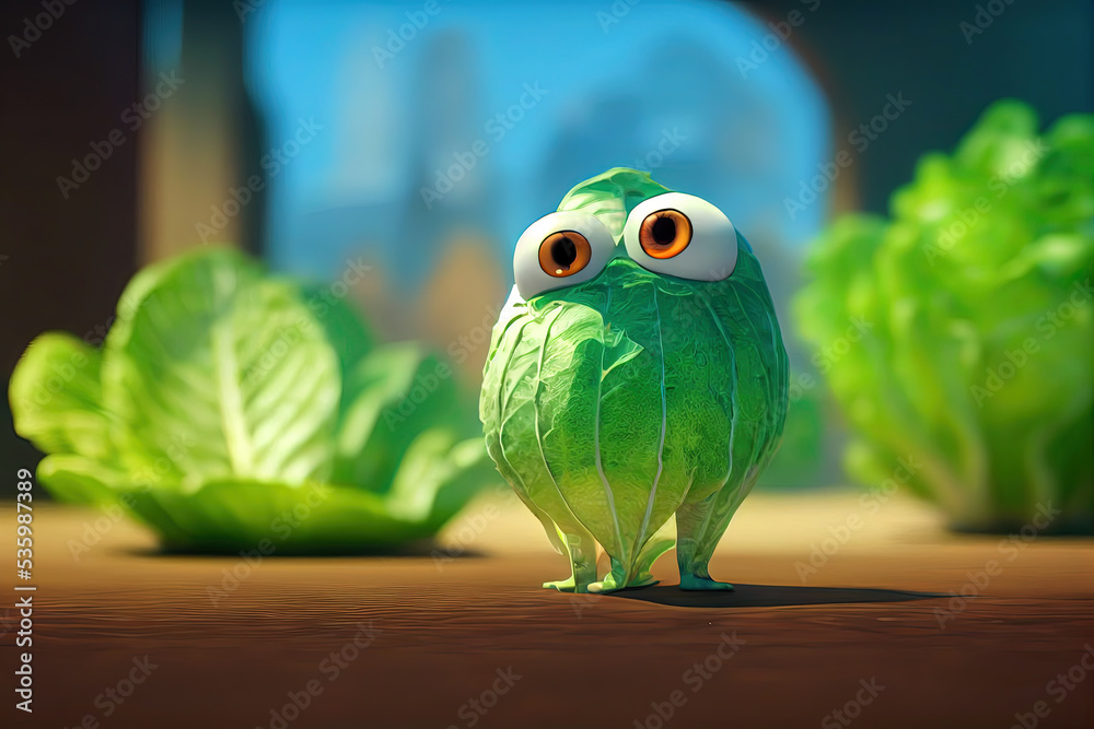 Cartoon of a lettuce character surrounded by other lettuces. Animation style vegetables. Funny