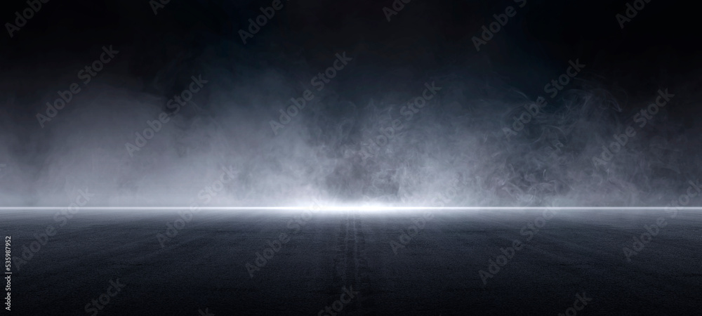 Dark street, asphalt abstract dark background, empty dark scene, neon light, spotlights The concrete floor and studio room with smoke float up the interior texture for display products, Night view - obrazy, fototapety, plakaty 