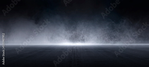 Dark street, asphalt abstract dark background, empty dark scene, neon light, spotlights The concrete floor and studio room with smoke float up the interior texture for display products, Night view