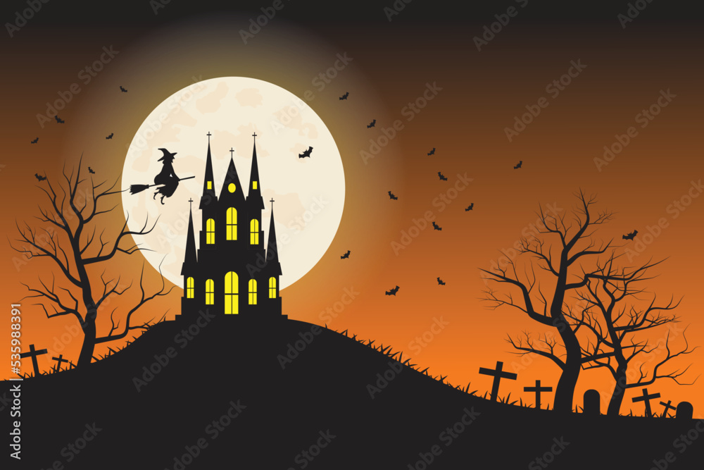 Halloween night Party background, dark castle on the hill and the moon background,. vector illustration