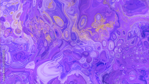Contemporary Design Background. Paint Swirls in Beautiful Purple and Blue colors, with Gold Glitter.