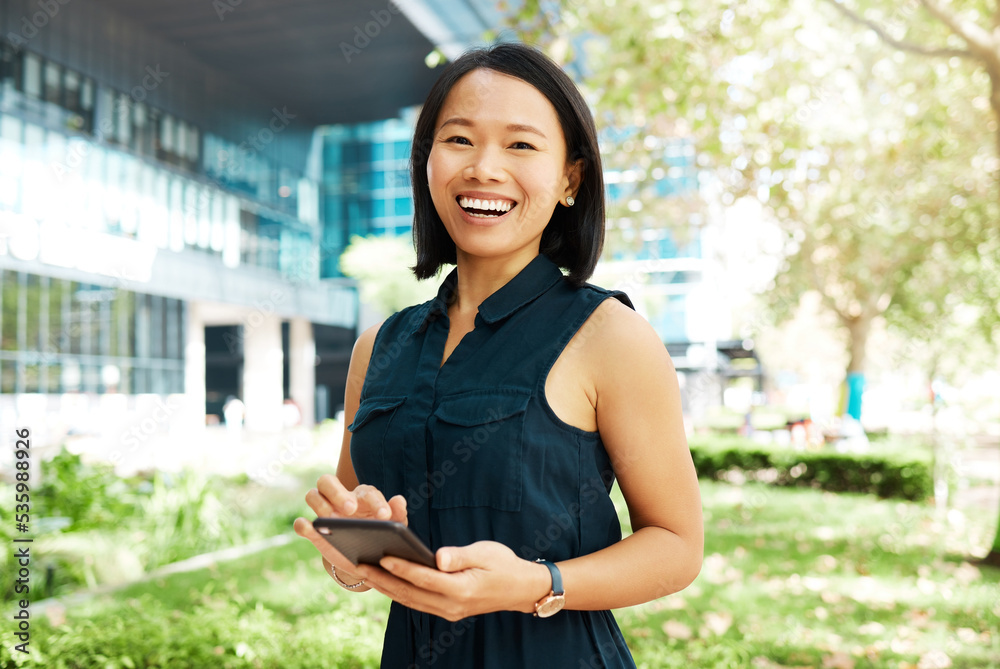 Business woman and asian portrait with smartphone for outdoor break at office building in Japan. Corporate Japanese girl with smile enjoying mobile social media leisure with 5g connection. Business woman and asian portrait with smartphone for outdoor break at office building in Japan. Corporate Japanese girl with smile enjoying mobile social media leisure with 5g connection.