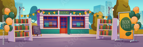 Book festival, fair, bookstore shop building exterior with shelves and balloons on street. Educational or library market promotion, sale, decorated mall, boutique facade, Cartoon vector illustration