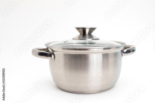 Stainless steel pot on a white background