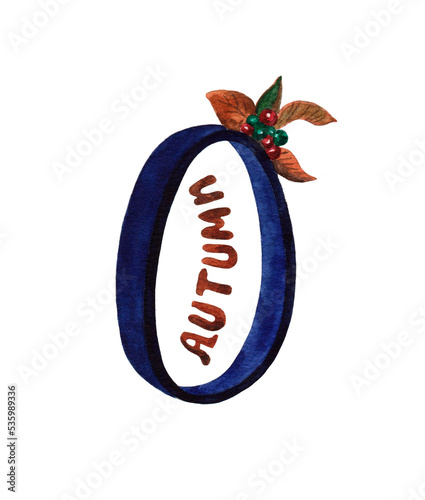 Watercolor illustration of the number 0 with the inscription 