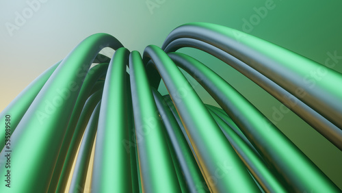 Intertwined green 3D abstract render illustration or colourful shiny metal tubes and lines with twisted shapes, futuristic object concept with neon colors photo