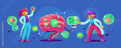 Neuromarketing concept with women research brain with computer and icons of target, idea and megaphone. Marketing strategy with neuroscience knowledge, vector contemporary illustration