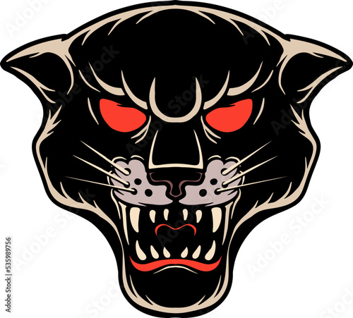 Illustration of panther head in engraving style. Design element for poster, card, banner, emblem, sign. Vector illustration