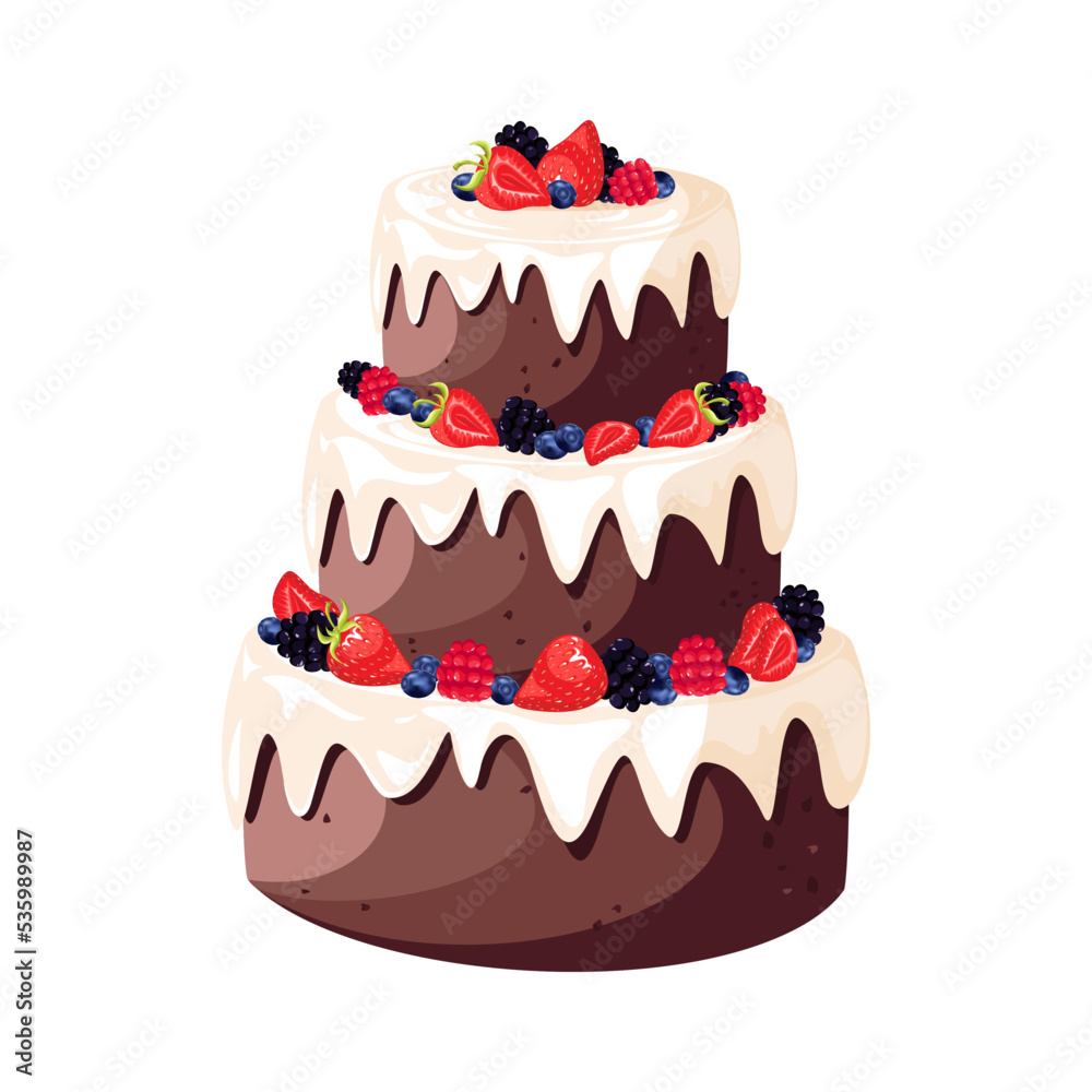 Pie with berries.Layered cake with white icing and blueberries, strawberries, blackberries, raspberries.Illustration of a sweet dessert for the holidays. Pie with berries.Layered cake with white icing and blueberries, strawberries, blackberries, raspberries.Illustration of a sweet dessert for the holidays.