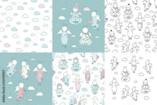 Set of cartoon characters and seamless patterns, angels in the sky with clouds and snow in color and black and white