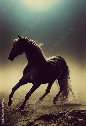 Running horse silhouette in a diffused light, photorealistic illustration