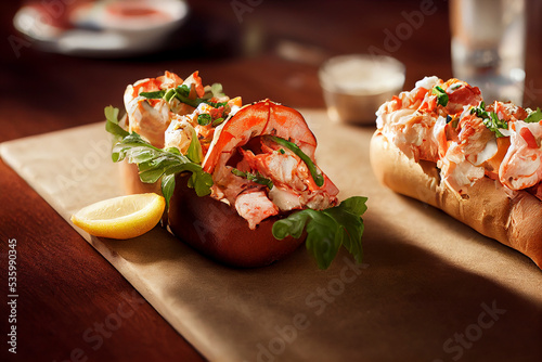 Tasty lobster roll sandwiches, food photography, photorealistic illustration