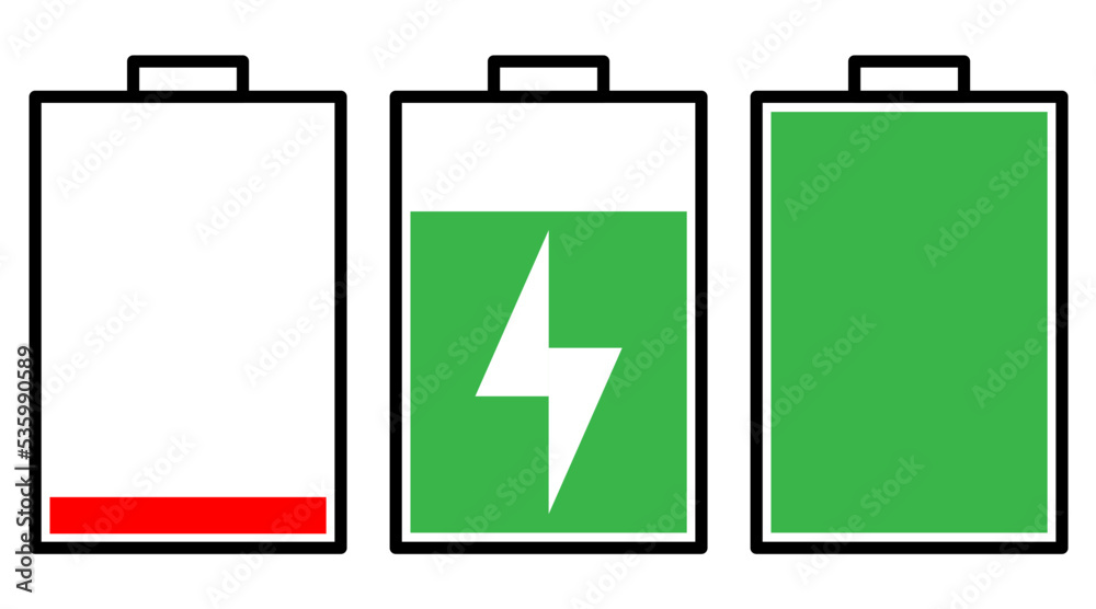 残量少ない,充電中,満充電のバッテリーのアイコンセット(縦向き) 残量少ない,充電中,満充電のバッテリーのアイコンセット(縦向き)