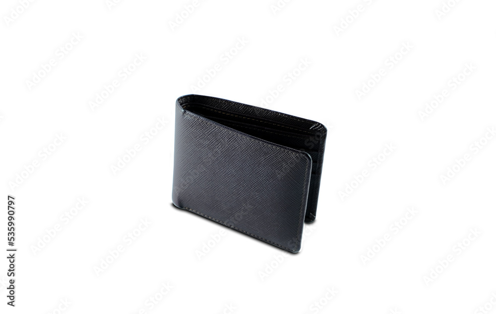 Top view of a black genuine leather wallet split on a white background. Top view of a black genuine leather wallet split on a white background.