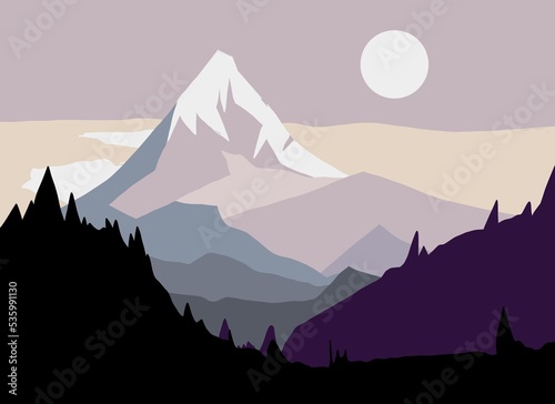 illustrazione di paesaggio di montagna al tramonto 