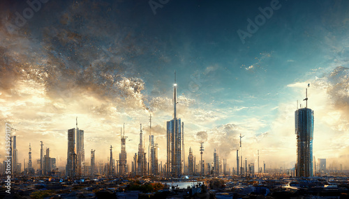 design of futuristic sky city , abstract tower architecture , illustation design , internet connect of line ,data transfer