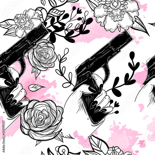 Tattoo art style illustration with gun that shoots flowers.