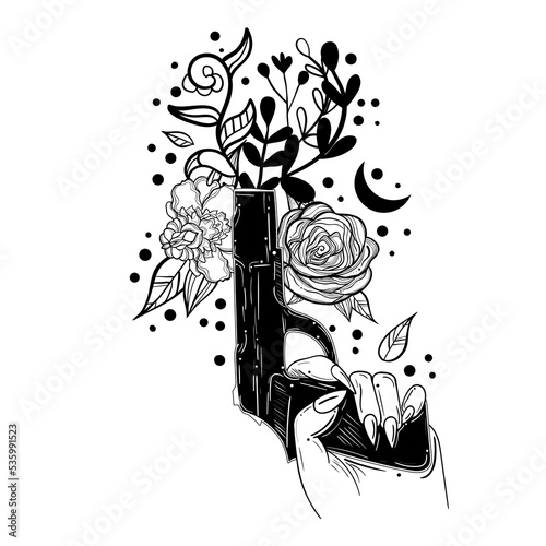 Tattoo art style illustration with gun that shoots flowers.