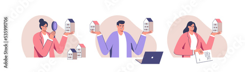 Concept of business in real estate, mortgage, rent. People rent, sale and buy property. Vector illustration.