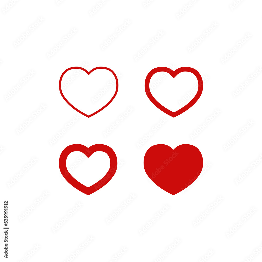 Red heart icon set. Love sumbol. Sign valentine decoration vector flat.