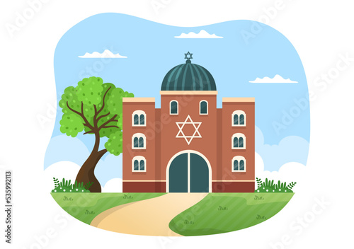 Synagogue Building or Jewish Temple with Religious, Hebrew or Judaism and Jew Worship Place in Template Hand Drawn Cartoon Flat Illustration