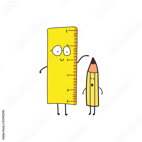 Kids drawing style funny cute ruler measures a pencil in a cartoon style