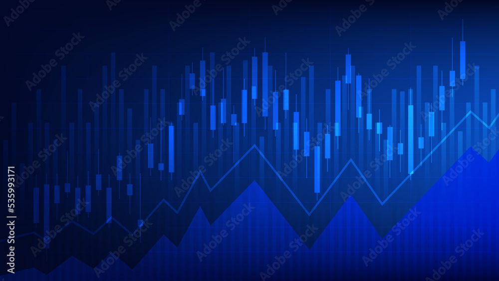 Financial business statistics with bar graph and candlestick chart show stock market price and effective earning on blue background